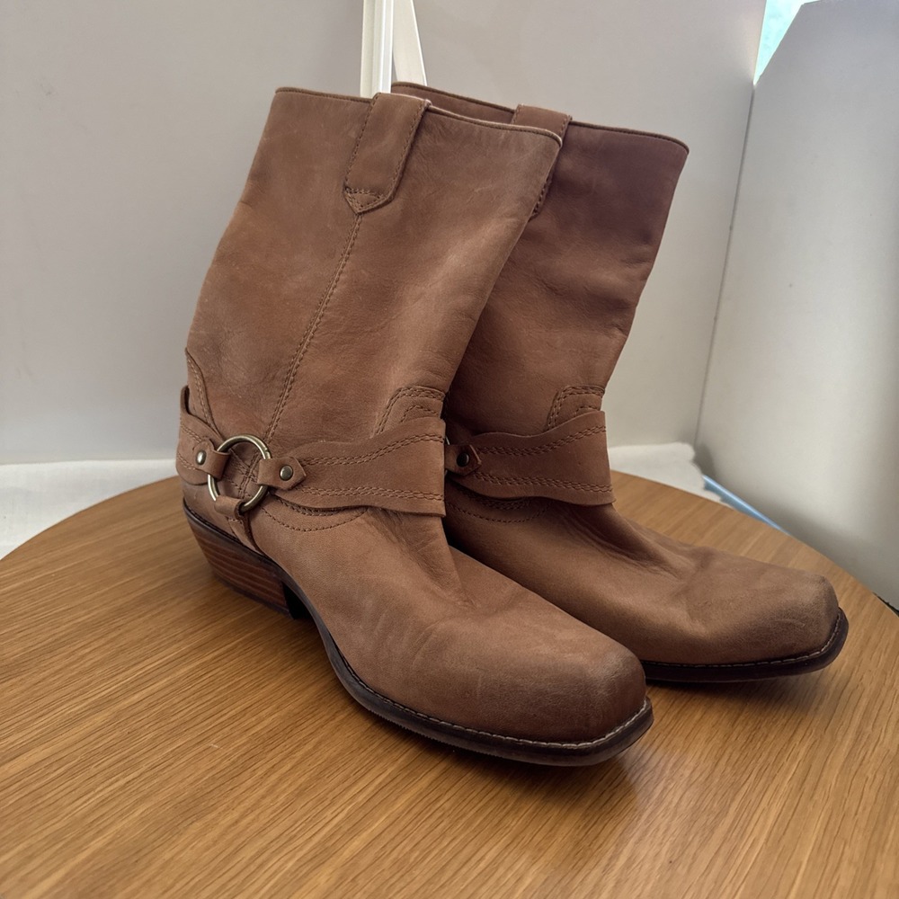 Zodiac Brown Leather Harness Square Toe Motorcycle Women Riding Boot Sz 9.5